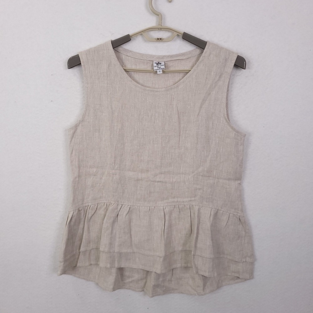 Crown Linen Designs Peplum Tank  Top Womens Small Oatmeal Ruffle Sleeveless